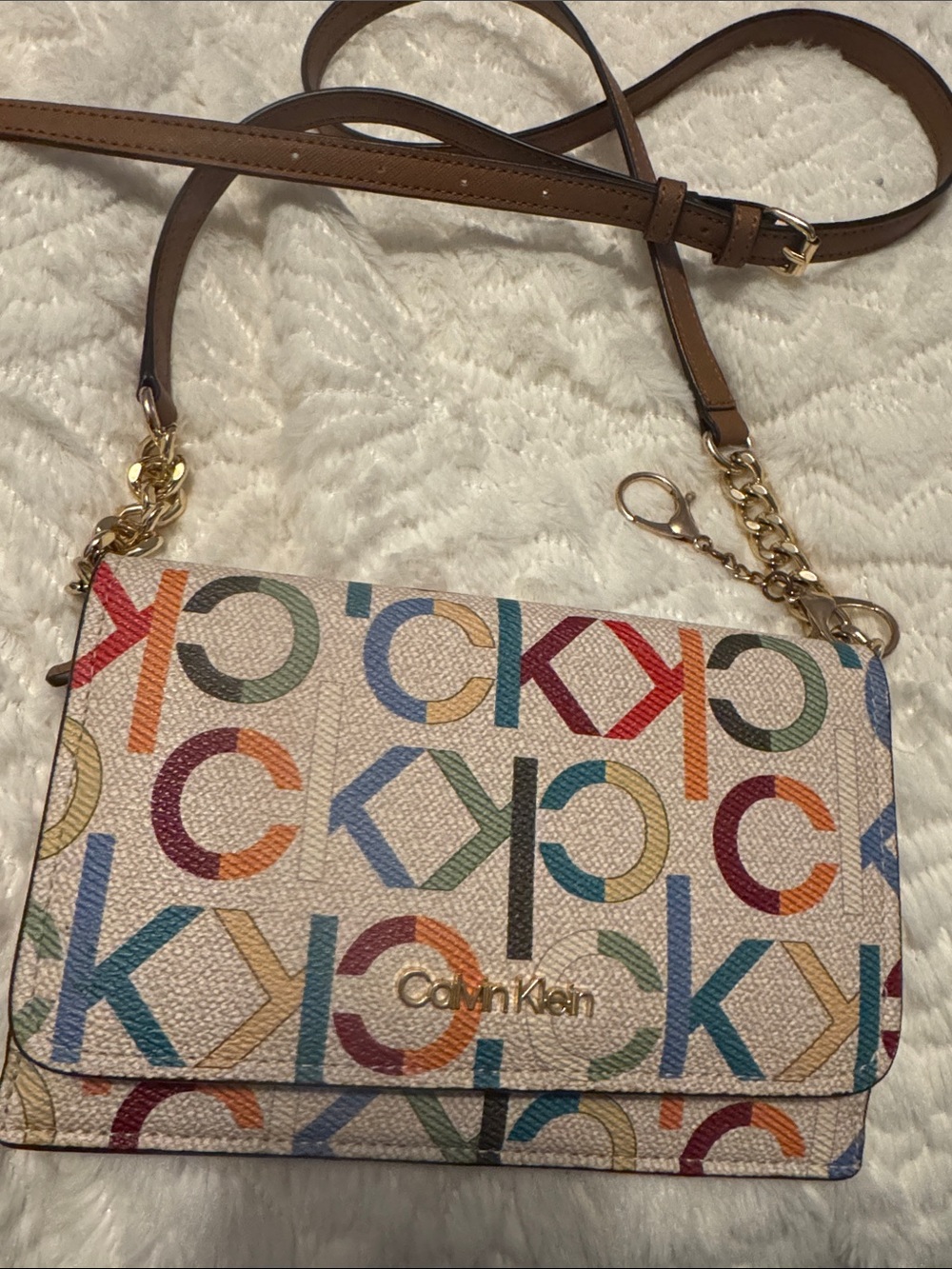 Calvin Klein Multicolor Logo Crossbody with Tan Strap